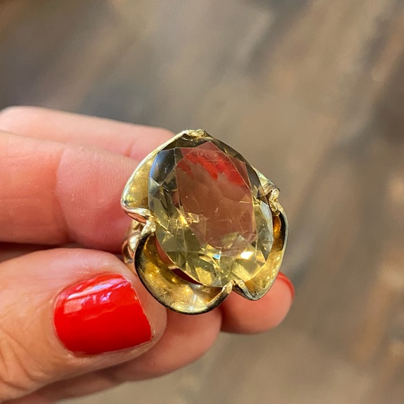 Vintage Smokey Quartz Faceted Stone Set Unique 14K Solid Gold Setting Size 5.75